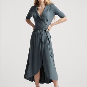 Quince Olive Wrap Jersey Midi Dress with Tie Front and V-Neck